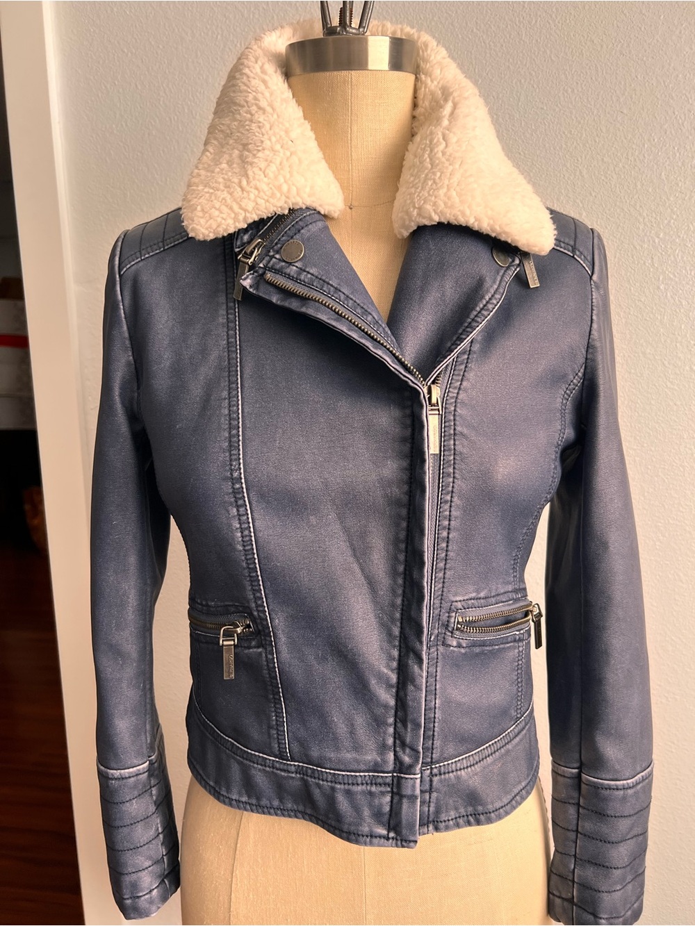 Bernardo Navy Faux Leather Jacket with Cream Sherpa Collar